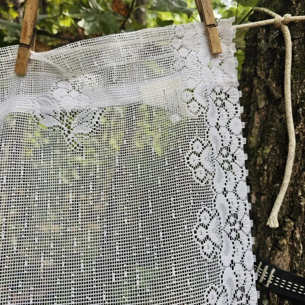 Vintage 90s JCPenney White Lace Curtains Pastel Floral Accents Scalloped Edge